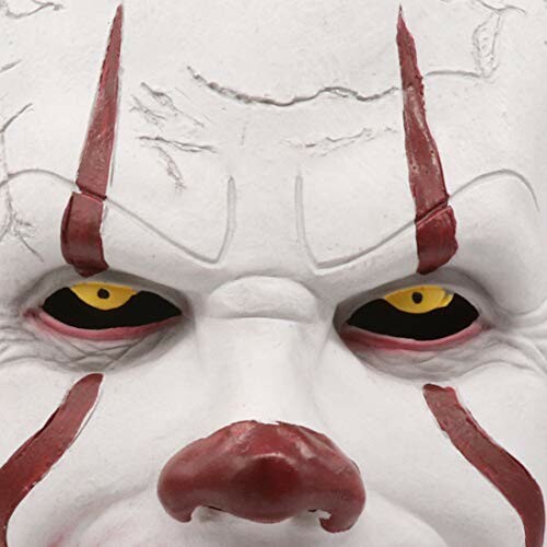 Closeup of a creepy clown mask with yellow eyes and red facial markings.