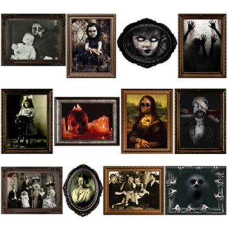 Collection of spooky portraits with eerie figures and haunted themes.