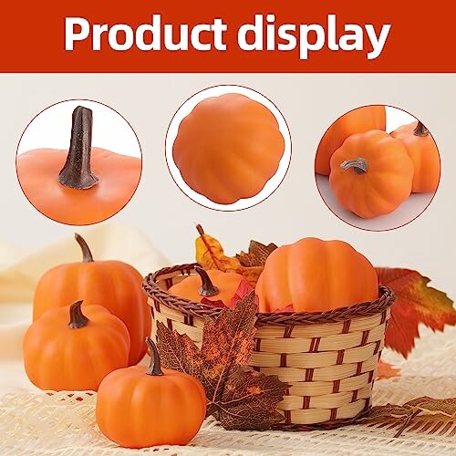 Basket of decorative pumpkins with autumn leaves