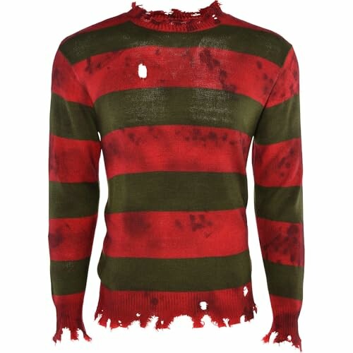 Red and green distressed striped sweater with holes