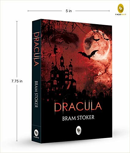 Cover of Bram Stoker's Dracula with a dark, gothic design featuring a castle and a bat against a red moonlit sky.