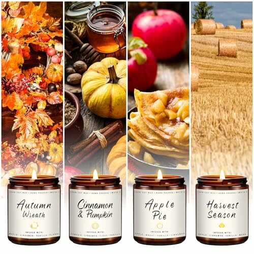 Four scented candles with autumn themes and ingredients.