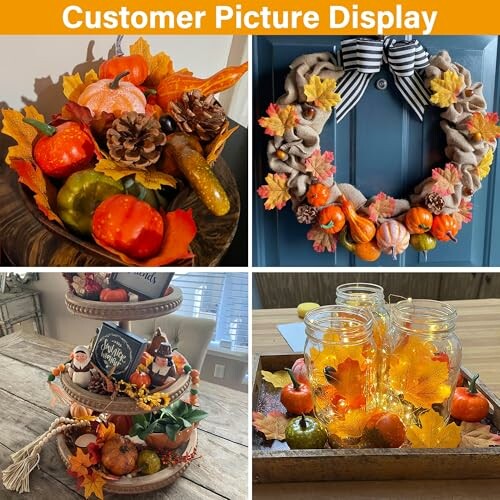 Autumn-themed decorations with pumpkins, leaves, and lights.