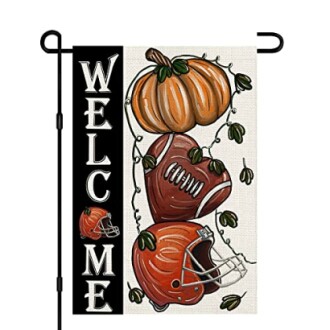 Welcome flag with pumpkin, football, and helmet design.