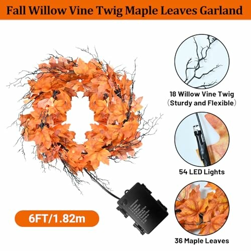 Fall willow vine twig maple leaves garland with LED lights.