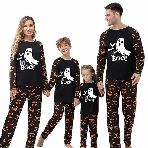 Family in matching Halloween pajamas with ghost design