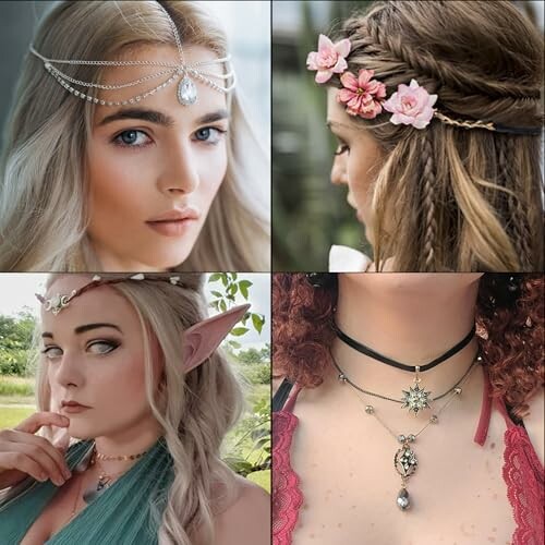 Collage of four women with fantasy-inspired hairstyles and accessories.