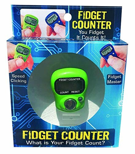 Fidget counter packaging with green device displayed.