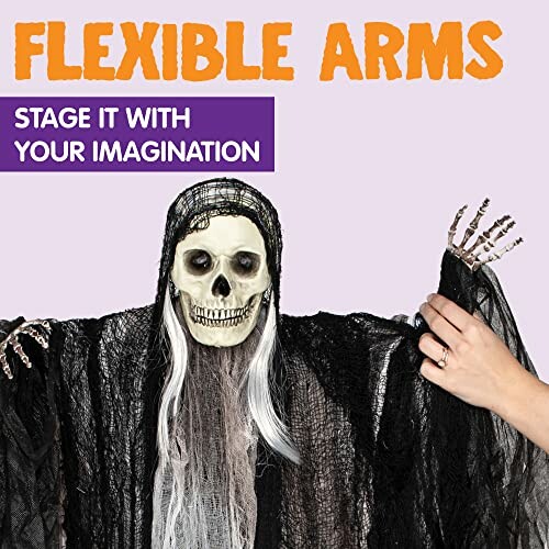 Skeleton figure with flexible arms and text