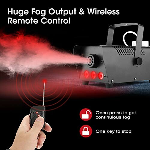 The fog machine with red LED lights and wireless remote control is the perfect addition to any Halloween party or fall gathering.