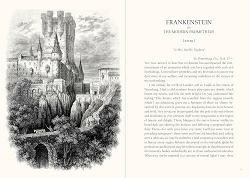 Frankenstein book illustration with castle and text