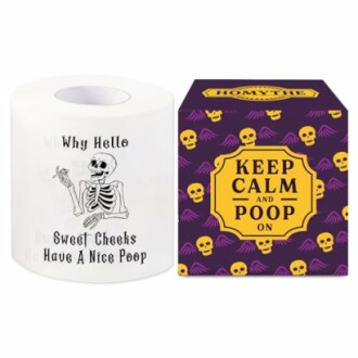 Humorous toilet paper with skeleton design and funny message.