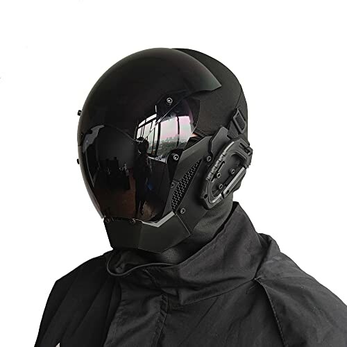 Futuristic black motorcycle helmet with visor and attached gear