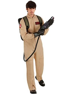 Person in beige costume holding a ghostbusting device.