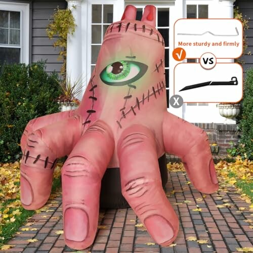 Giant inflatable hand decoration with eye and stitches on a porch.