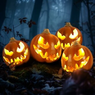 Glowing jack-o'-lanterns in a dark forest setting