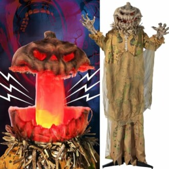 Glowing pumpkin monster decoration with eerie lighting and tattered clothing.