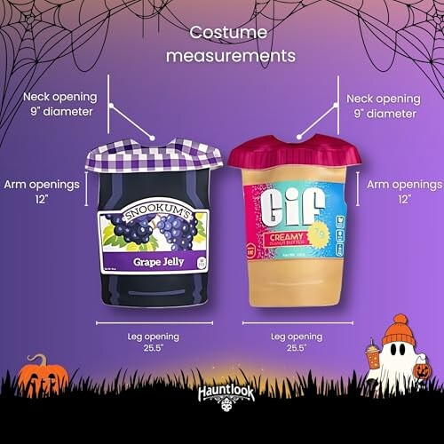 Halloween costume measurements for grape jelly and peanut butter jars.