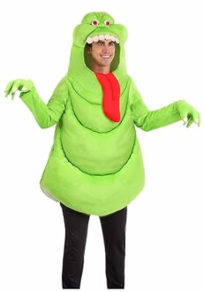 Person in a green monster costume with a red tongue and eyes on top.