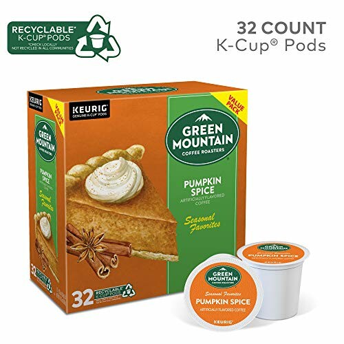 Green Mountain Pumpkin Spice K-Cup Pods 32 count box with coffee pods and pumpkin pie image.