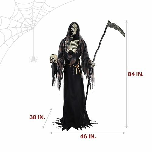 Grim reaper animatronic with features list: life-size, moves and speaks, lights up, plug-in and motion sensor activated.