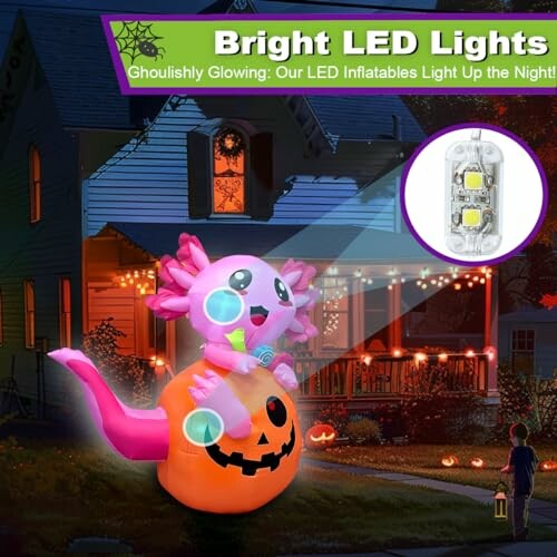 Halloween axolotl inflatable with LED lights in front of a decorated house.