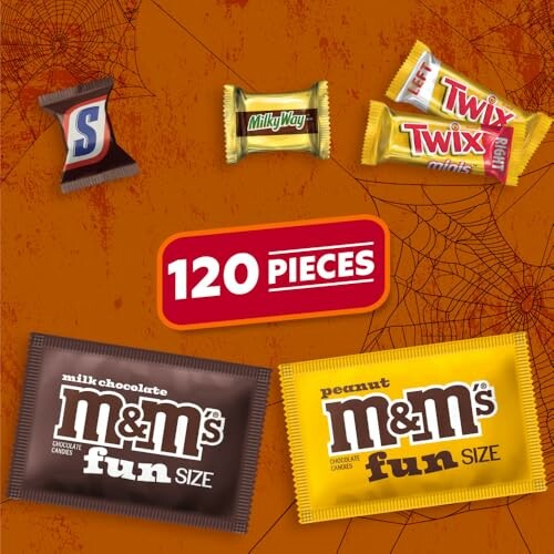 Assorted Halloween candies including Snickers, Milky Way, Twix, and M&M's with 120 pieces.