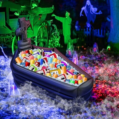 Colorful Halloween candy in a coffin display with spooky background