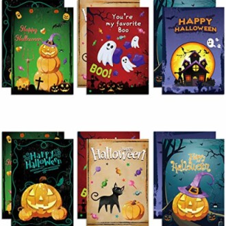 Set of Halloween greeting cards with pumpkins, ghosts, and festive designs.