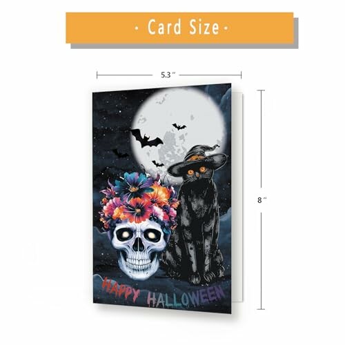 A Halloween card featuring a skull, black cat, and full moon.