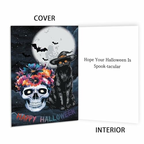 A humorous Halloween card with a skull, flowers, and a black cat wearing a hat under a full moon.