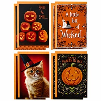 Halloween greeting cards with pumpkins, a cat, and festive designs.