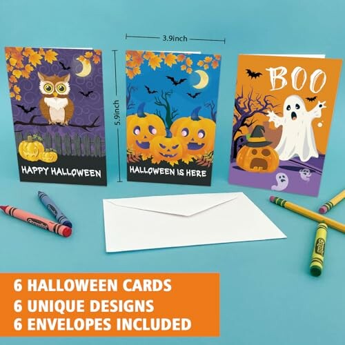 Set of three Halloween cards with owl, pumpkins, and ghost designs.