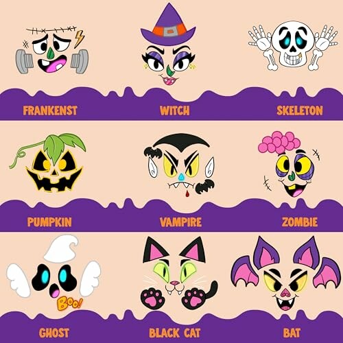 Colorful cartoon faces of Halloween characters including Frankenstein, witch, skeleton, pumpkin, vampire, zombie, ghost, black cat, and bat.