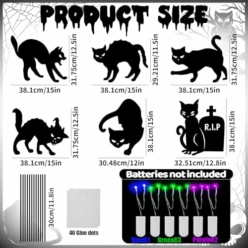 Halloween black cat decorations with glowing eyes, product size information, and LED lights.