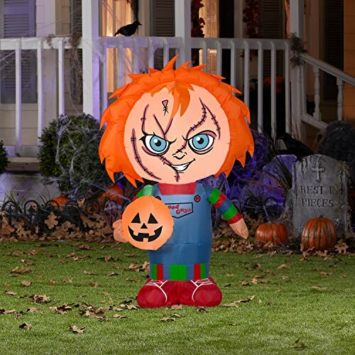 Inflatable Chucky decoration on Halloween lawn