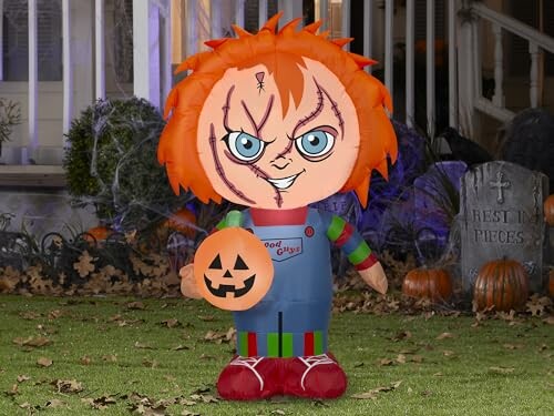 Halloween inflatable Chucky doll holding a pumpkin on a lawn.