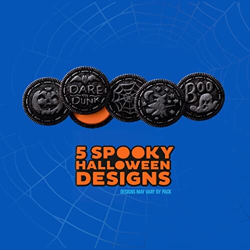 Five Oreo cookies with Halloween designs on a blue background.