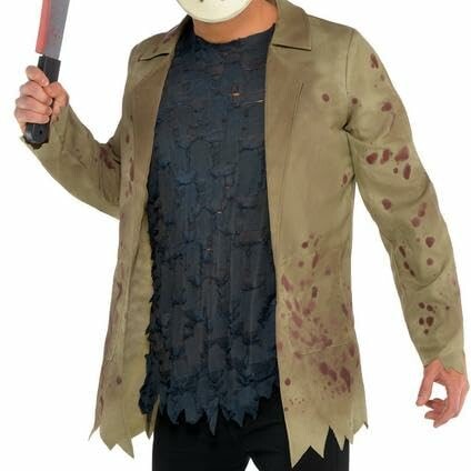 Person in Halloween costume with bloody jacket and mask holding knife