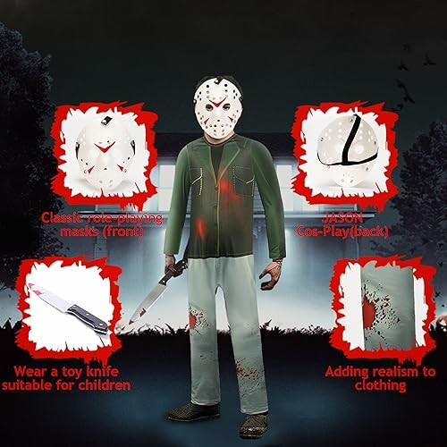 Halloween costume with mask, knife, and bloodstain for role-playing.