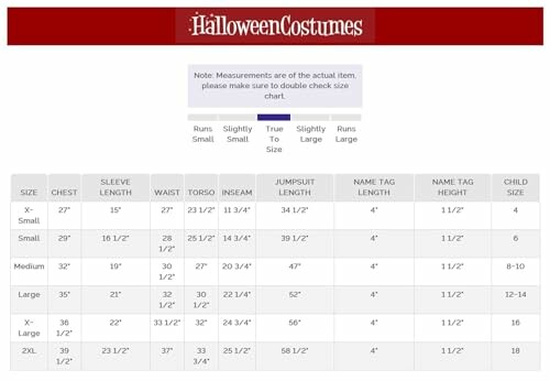 Halloween Costumes size chart with measurements for chest, sleeve, waist, torso, inseam, jumpsuit length, and name tag dimensions.