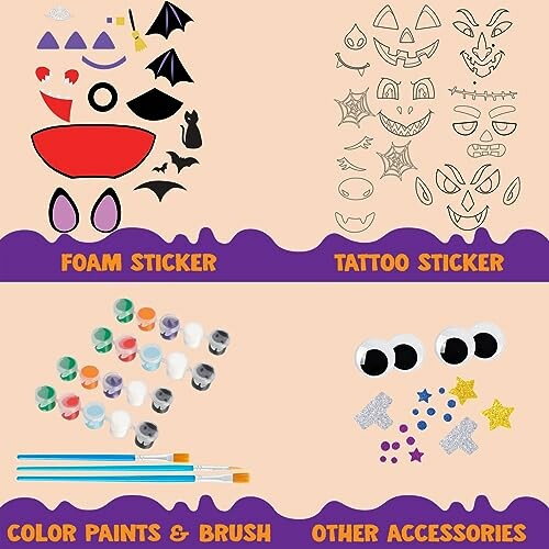 Halloween craft accessories including foam stickers, tattoo stickers, color paints, brushes, and other decorations.