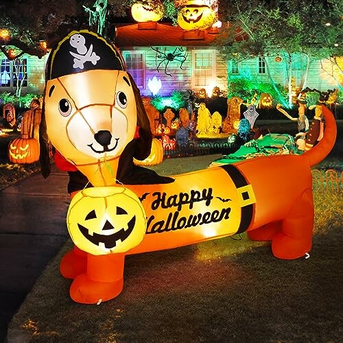 Inflatable Halloween dachshund decoration with pumpkins and lights.