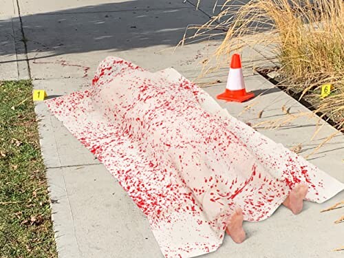 Halloween decoration with a bloody sheet covering a body shape on a sidewalk, with evidence markers and a traffic cone.