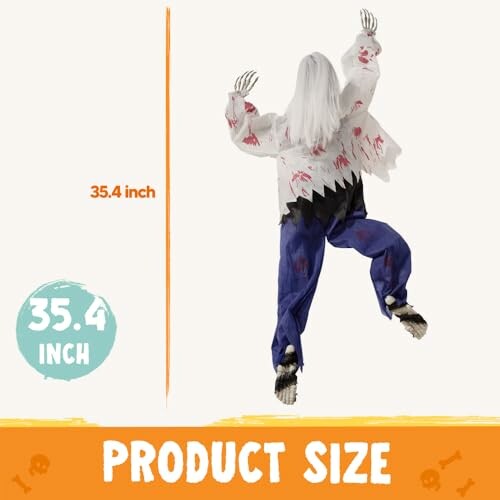 Creepy skeleton decoration with long white hair, wearing tattered clothes, measuring 35.4 inches.