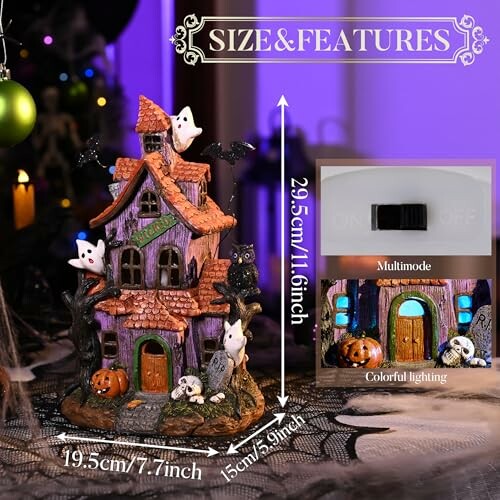 Halloween-themed haunted house decoration with ghosts and pumpkins, featuring colorful lighting.