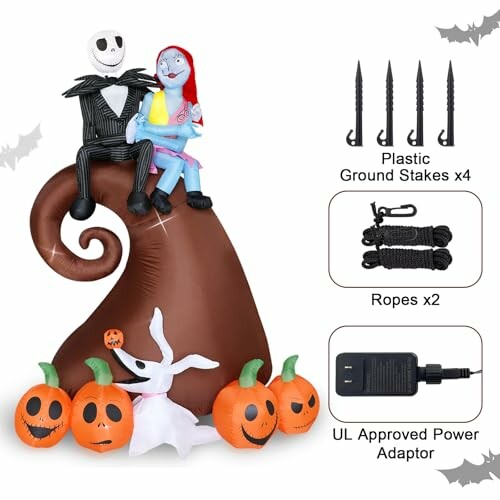 Inflatable Halloween figures with pumpkins, including characters sitting on a spiral hill, plastic ground stakes, ropes, and power adaptor.