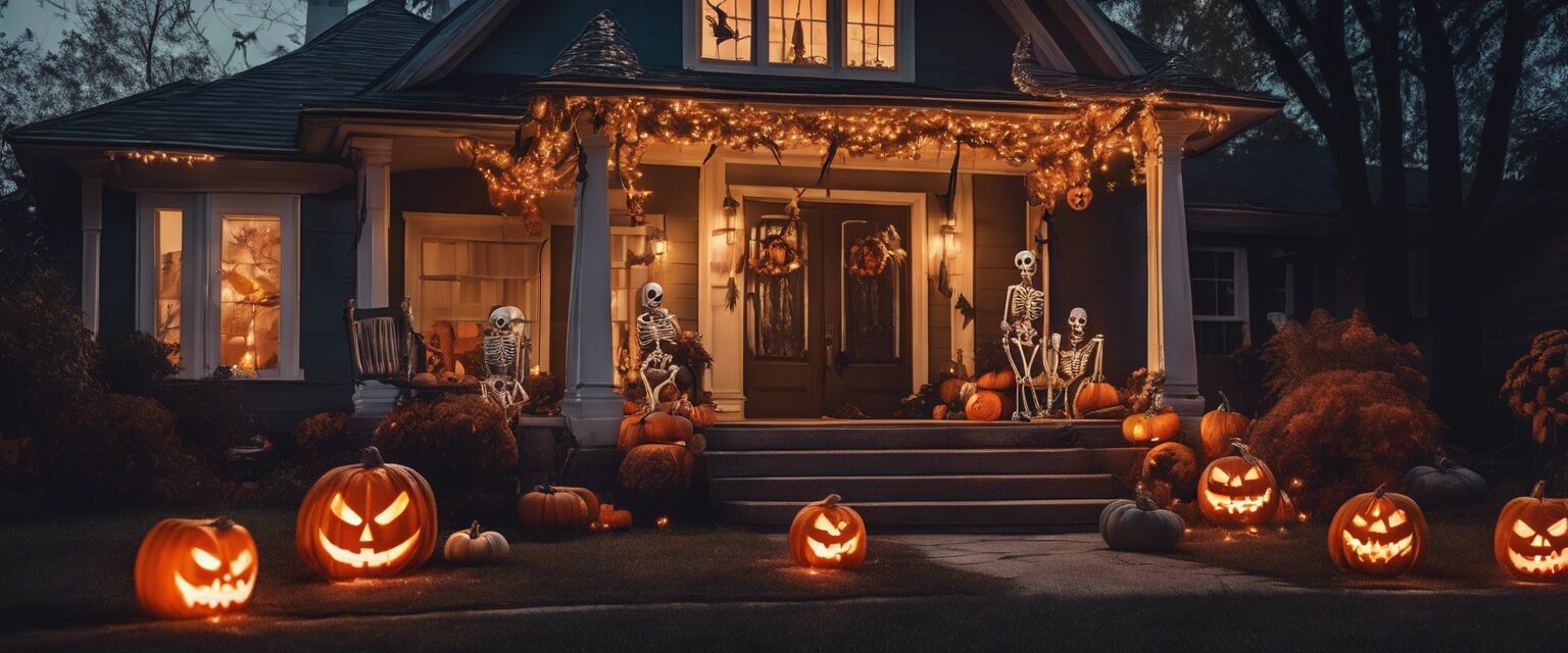 Halloween decorations with skeletons and lights