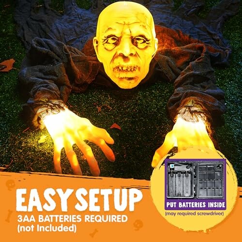 Halloween decoration with glowing zombie hands and battery setup instructions.