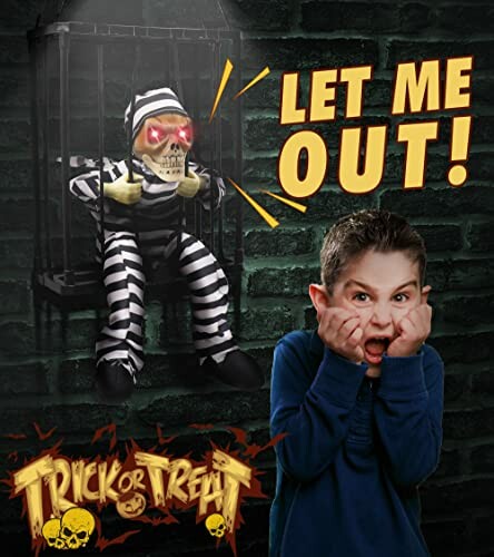 Boy scared by skeleton prisoner decoration with glowing eyes in cage and text 'Let Me Out!'